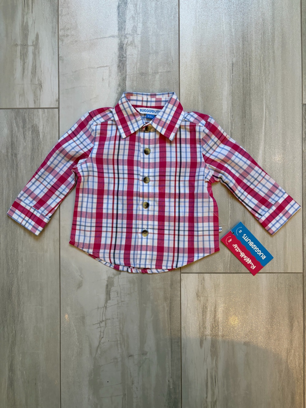 NWT RuggedButts Red Adley Plaid Classic Long Sleeve Button Down Shirt Boys 6-12M